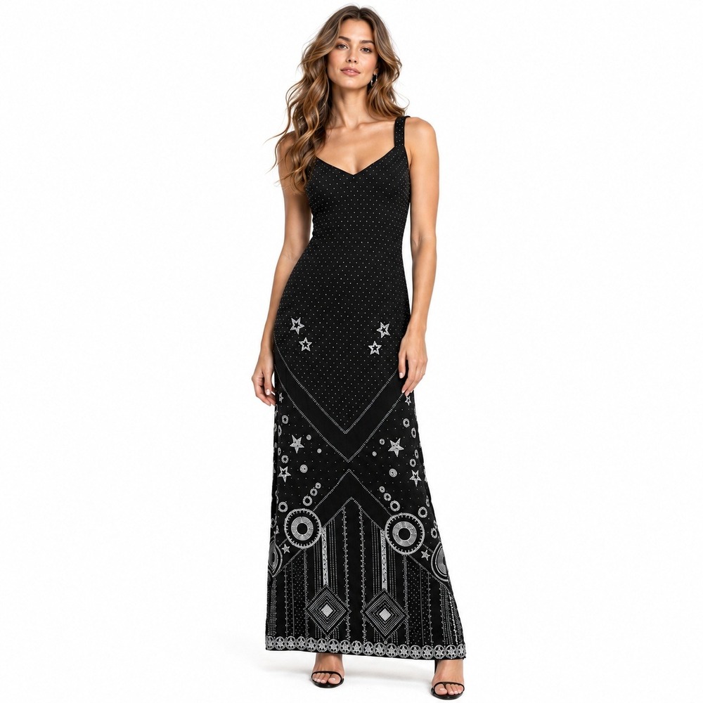 Vintage 90s Platinum Dorothy Schoelen Celestial Beaded Maxi Dress Stars
